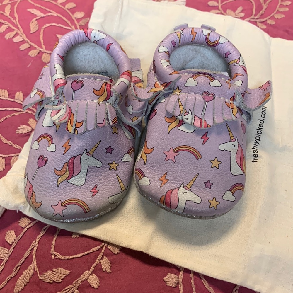 Size 2 freshly picked Mocs unicorns and rainbows